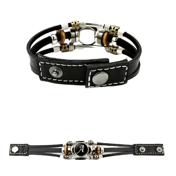 Punk Style Leather Letter A Black and Silver Unisex Bracelet - Picture 2 of 4